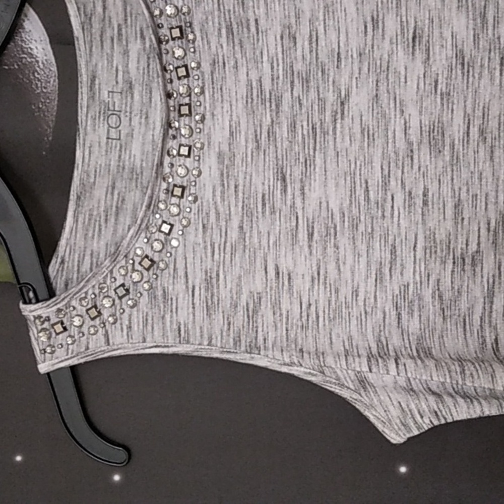 LOFT Heather Gray Rhinestone Embellished Neckline Gray Sleeveless Top